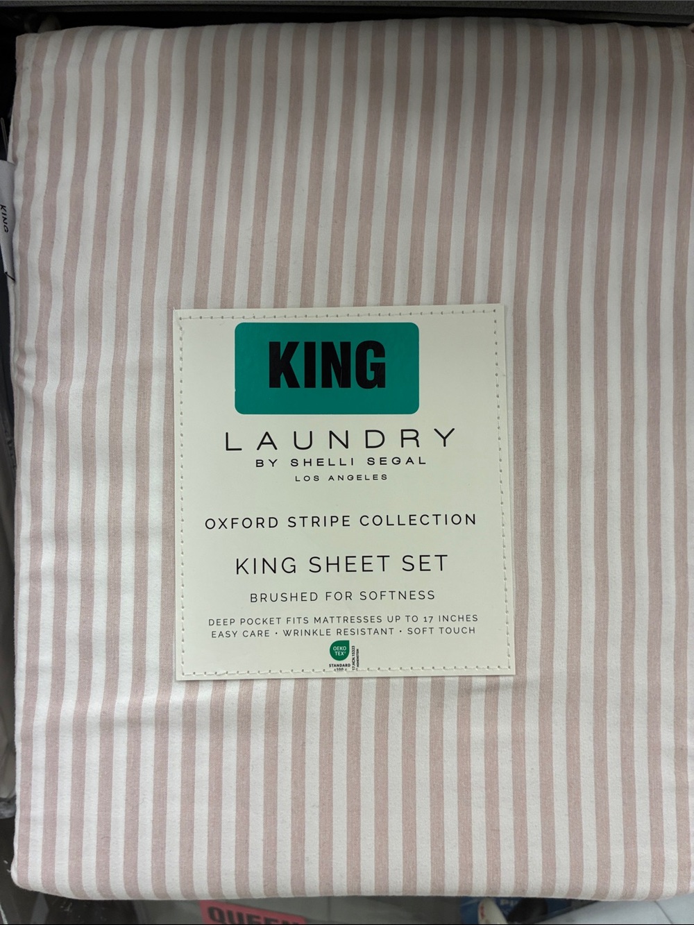 Laundry By Shelli Segal Pink and White Oxford Stripe King Sheet Set